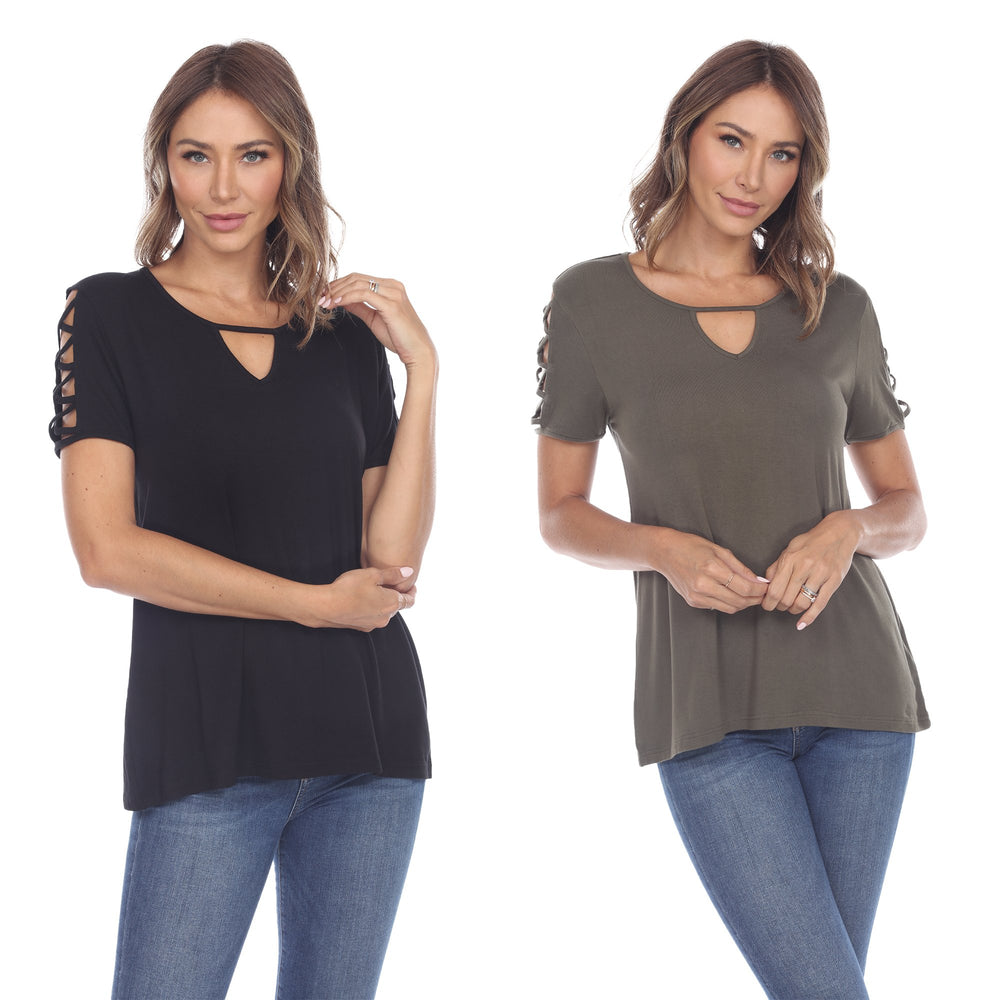 White Mark Womens Keyhole Neck Short Sleeve Top 2 Pack Relaxed Fit Assorted Colors Image 2