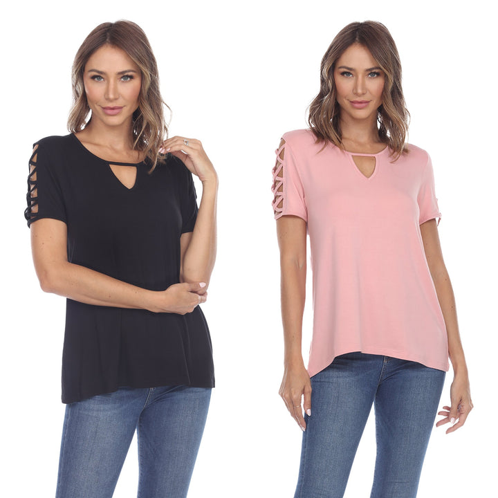 White Mark Womens Keyhole Neck Short Sleeve Top 2 Pack Relaxed Fit Assorted Colors Image 1