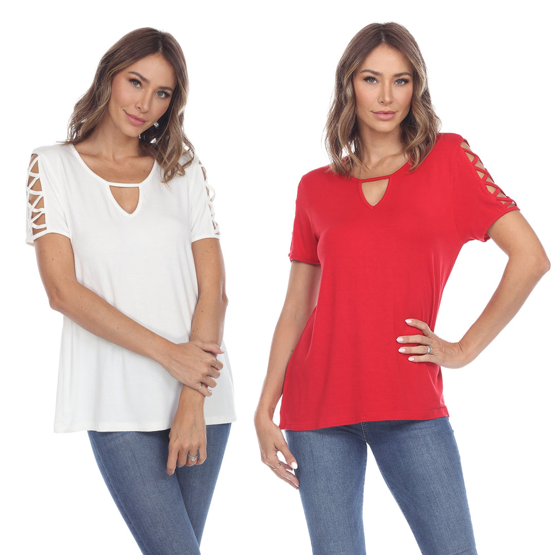 White Mark Womens Pack of 2 White Keyhole Neck Short Sleeve Top Plus Size Image 3