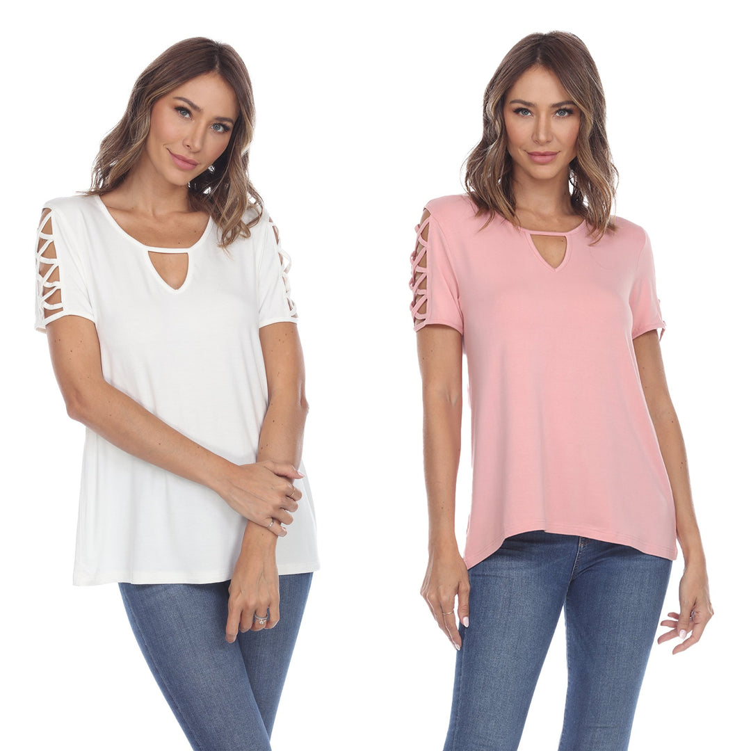 White Mark Womens Pack of 2 White Keyhole Neck Short Sleeve Top Plus Size Image 4