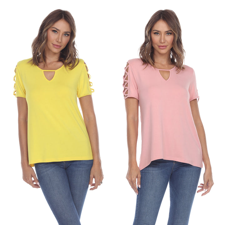 White Mark Womens Yellow Keyhole Neck Short Sleeve Tops 2 Pack Assorted Sizes Image 1