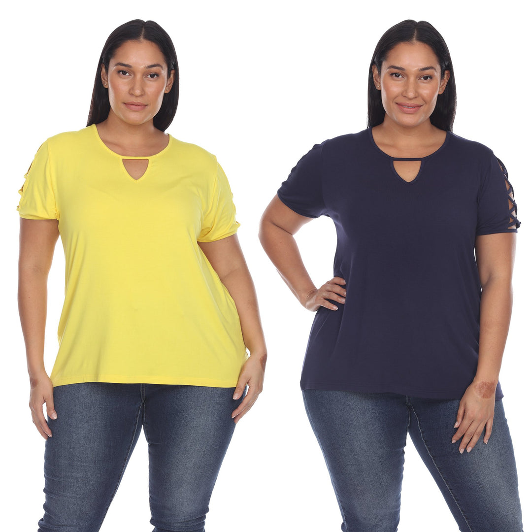 White Mark Womens Yellow Keyhole Neck Short Sleeve Tops 2 Pack Assorted Sizes Image 1