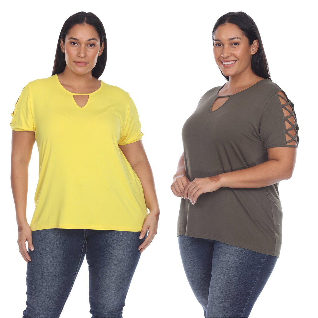 White Mark Womens Yellow Keyhole Neck Short Sleeve Tops 2 Pack Assorted Sizes Image 1