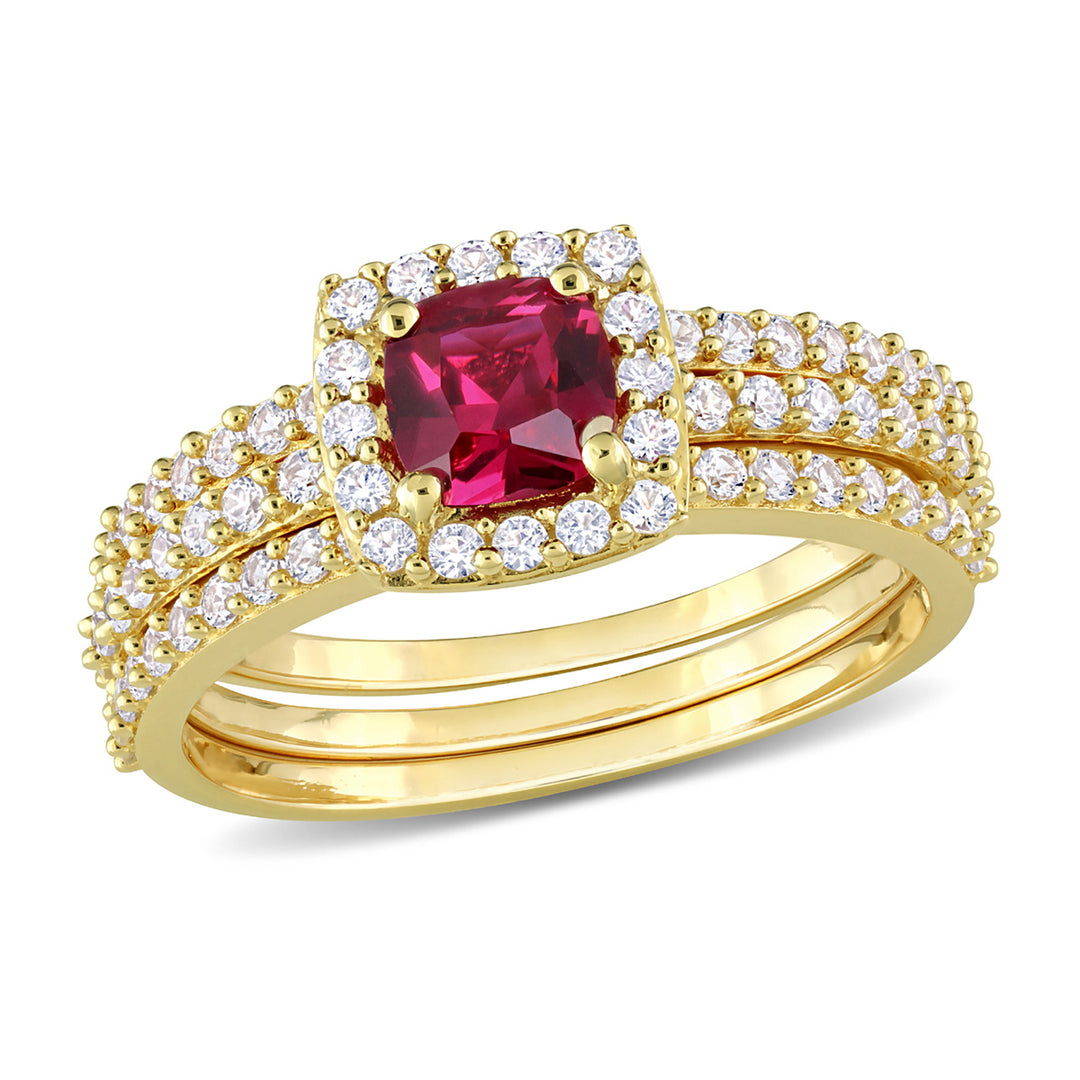 1 1/2 Carat (ctw) Lab-Created Ruby and White Sapphire with Diamond Bridal Wedding Set Engagement Ring Yellow Plated Image 1