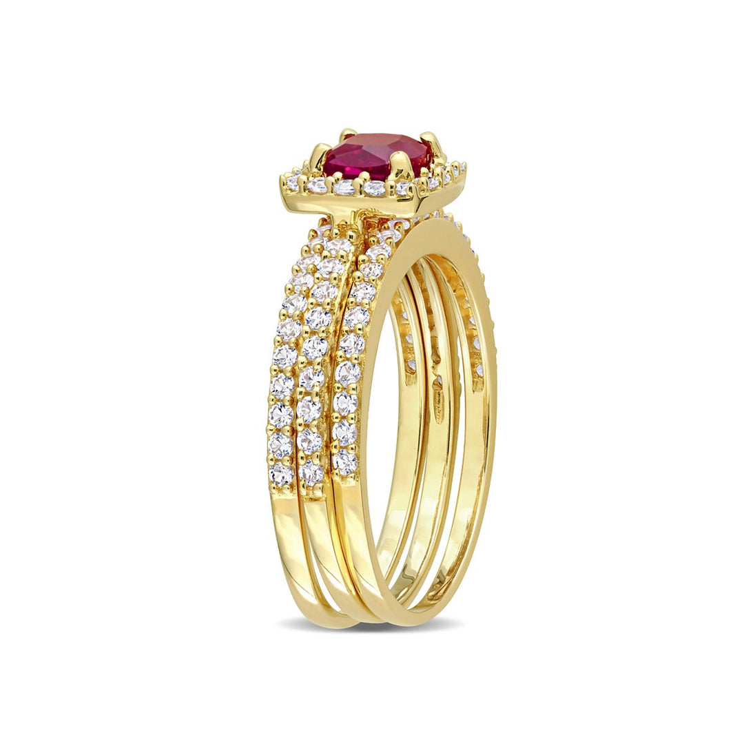 1 1/2 Carat (ctw) Lab-Created Ruby and White Sapphire with Diamond Bridal Wedding Set Engagement Ring Yellow Plated Image 3