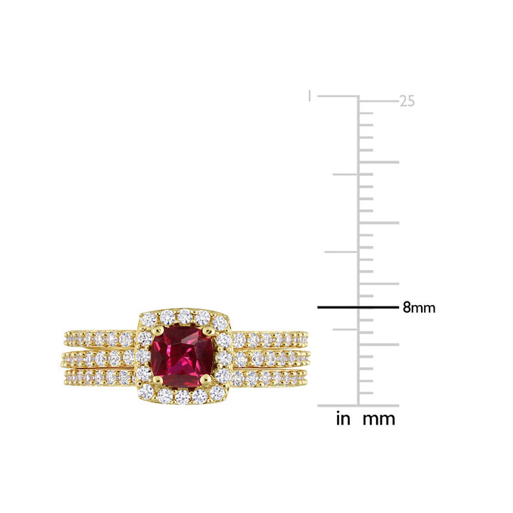 1 1/2 Carat (ctw) Lab-Created Ruby and White Sapphire with Diamond Bridal Wedding Set Engagement Ring Yellow Plated Image 4