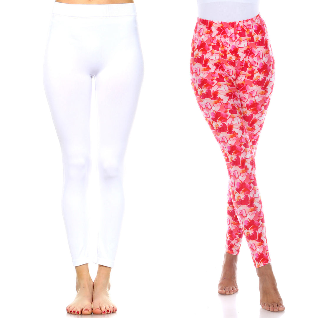 White Mark Womens Pack of 2 Cute Solid and Print Leggings Image 1
