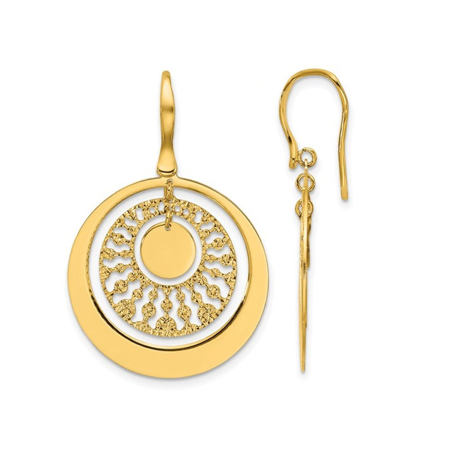 14K Yellow Gold Polished and Diamond-cut Circles Dangle Earrings Image 1