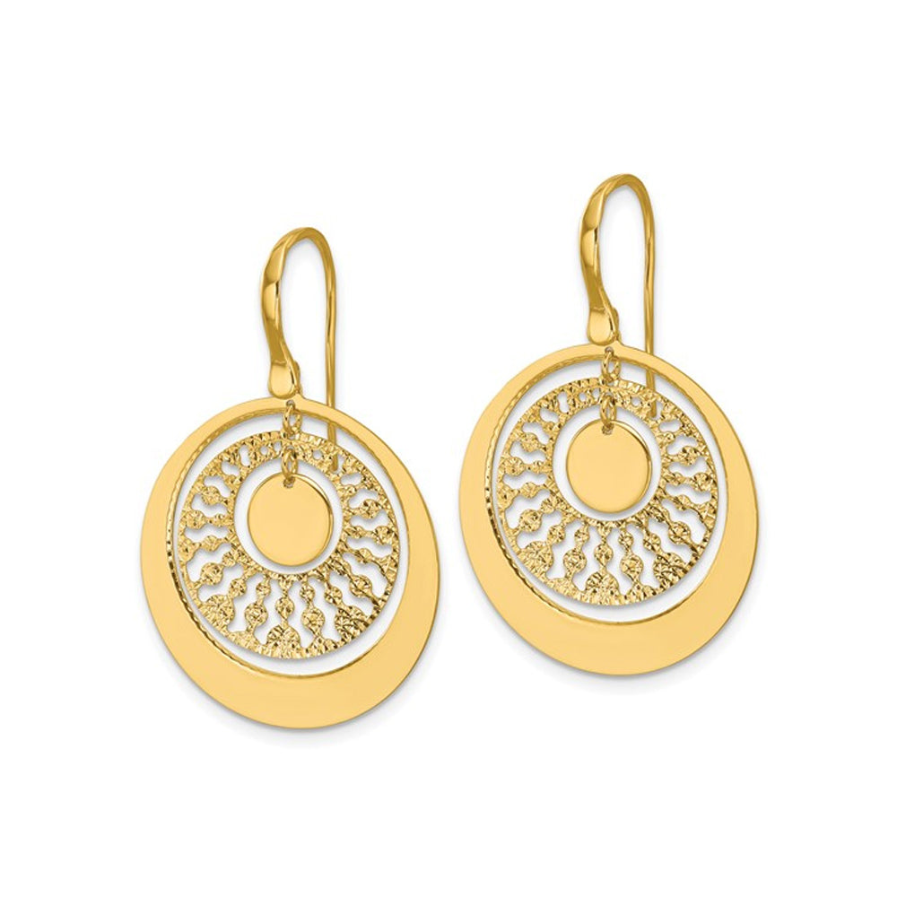 14K Yellow Gold Polished and Diamond-cut Circles Dangle Earrings Image 3