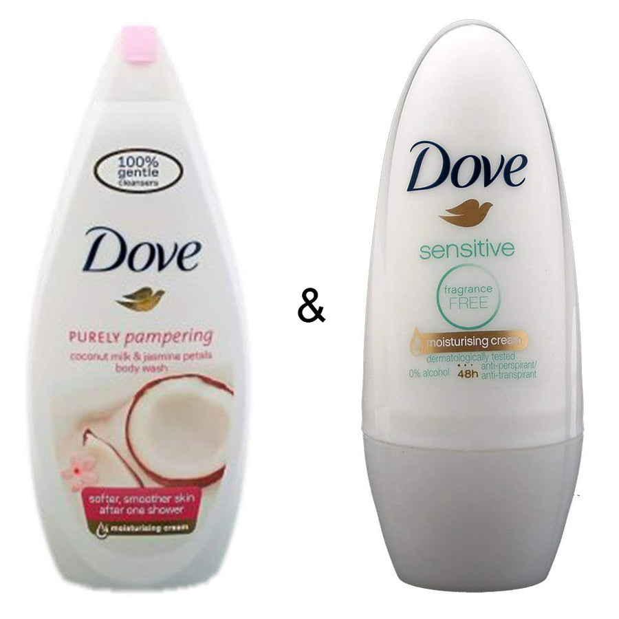 Body Wash Coconut 750 by Dove and Roll-on Stick Sensitive 50ml by Dove Image 1