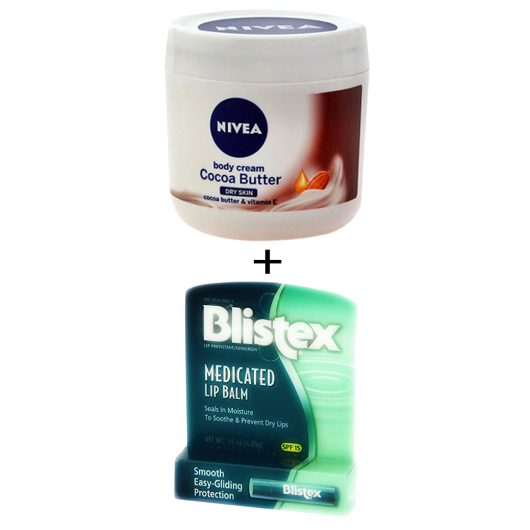 Blistex Medicated Lip Balm and Nivea Body Cream Cocoa Butter and Vitamin E - Dry Skin - 400 Ml Image 1