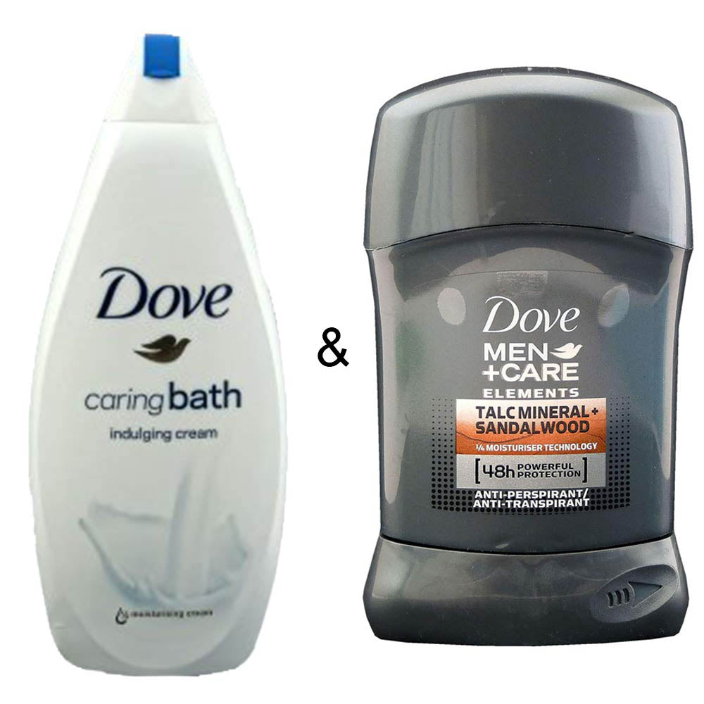 Caring Bath Indulging Cream 750 by Dove and Men Stick Care Elements Talc Mineral and Sandalwood 50ml by Dove Image 1
