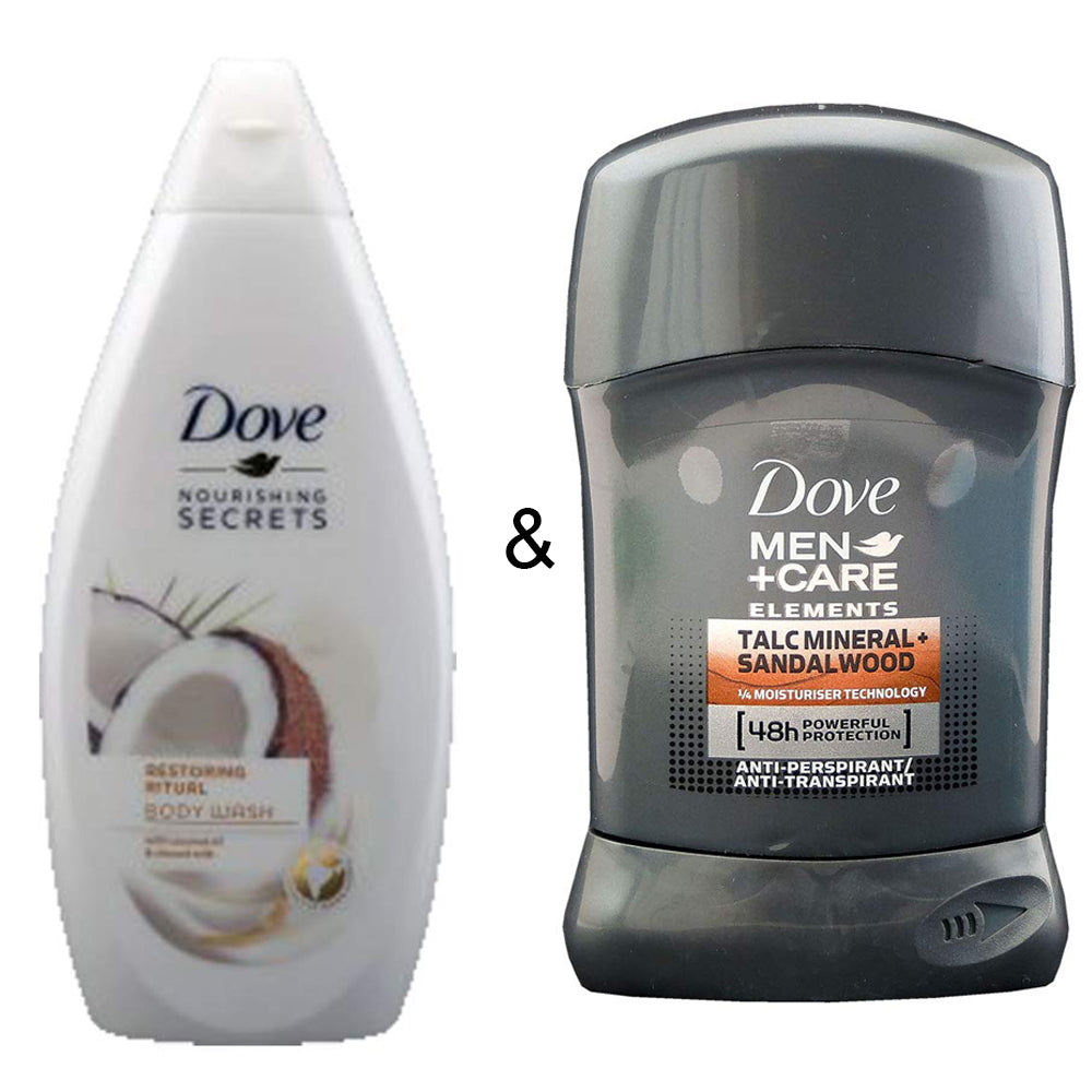 Body Wash Restoring Ritual 500 by Dove and Men Stick Care Elements Talc Mineral and Sandalwood 50ml by Dove Image 1