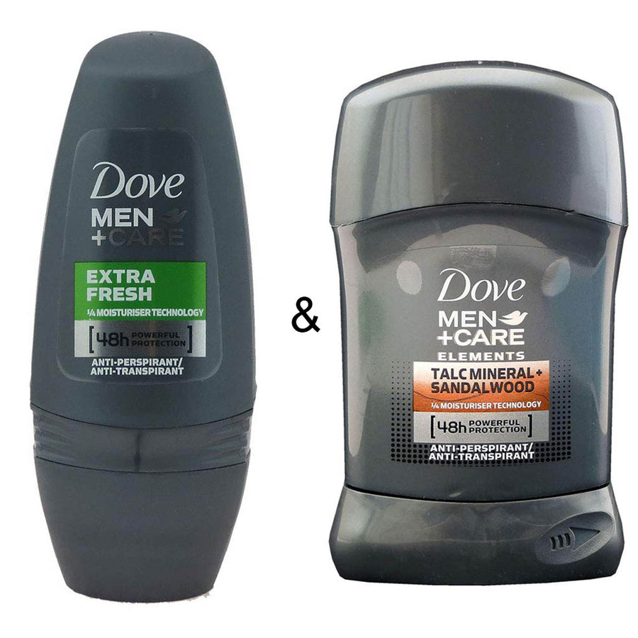 Roll-on Stick Extra Fresh 50 ml by Dove and Men Stick Care Elements Talc Mineral and Sandalwood 50ml by Dove Image 1