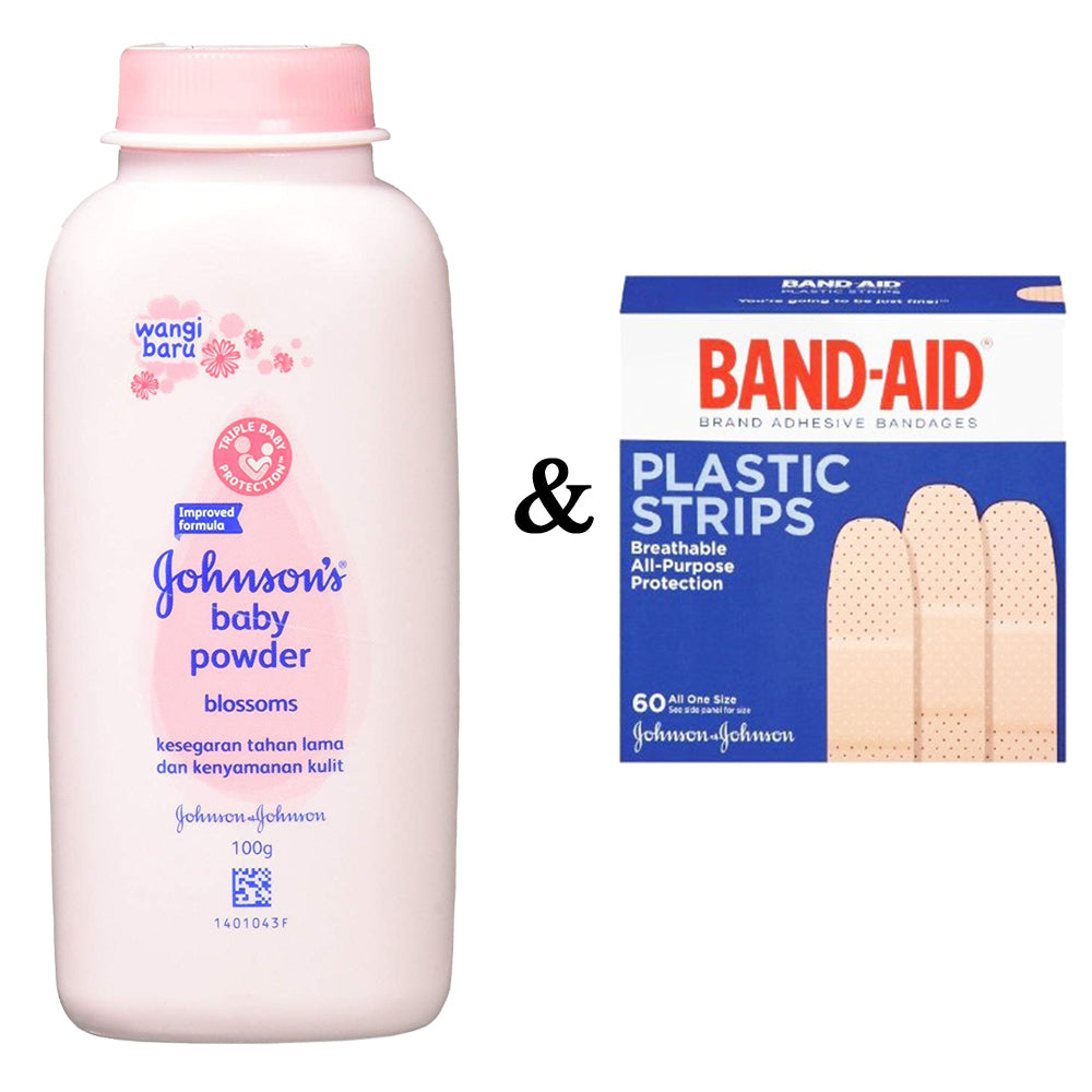 Johnsons Baby Powder Blossoms 3.3 Oz (100g) and Johnson and Johnson Band-Aid- Plastic Strips (60 In 1 Pack) Image 1