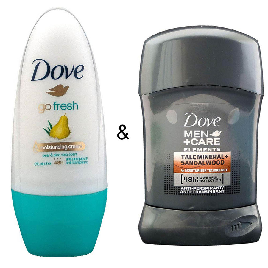 Roll-on Stick Go Fresh Pear and Aloe 50 ml by Dove and Men Stick Care Elements Talc Mineral and Sandalwood 50ml by Dove Image 1