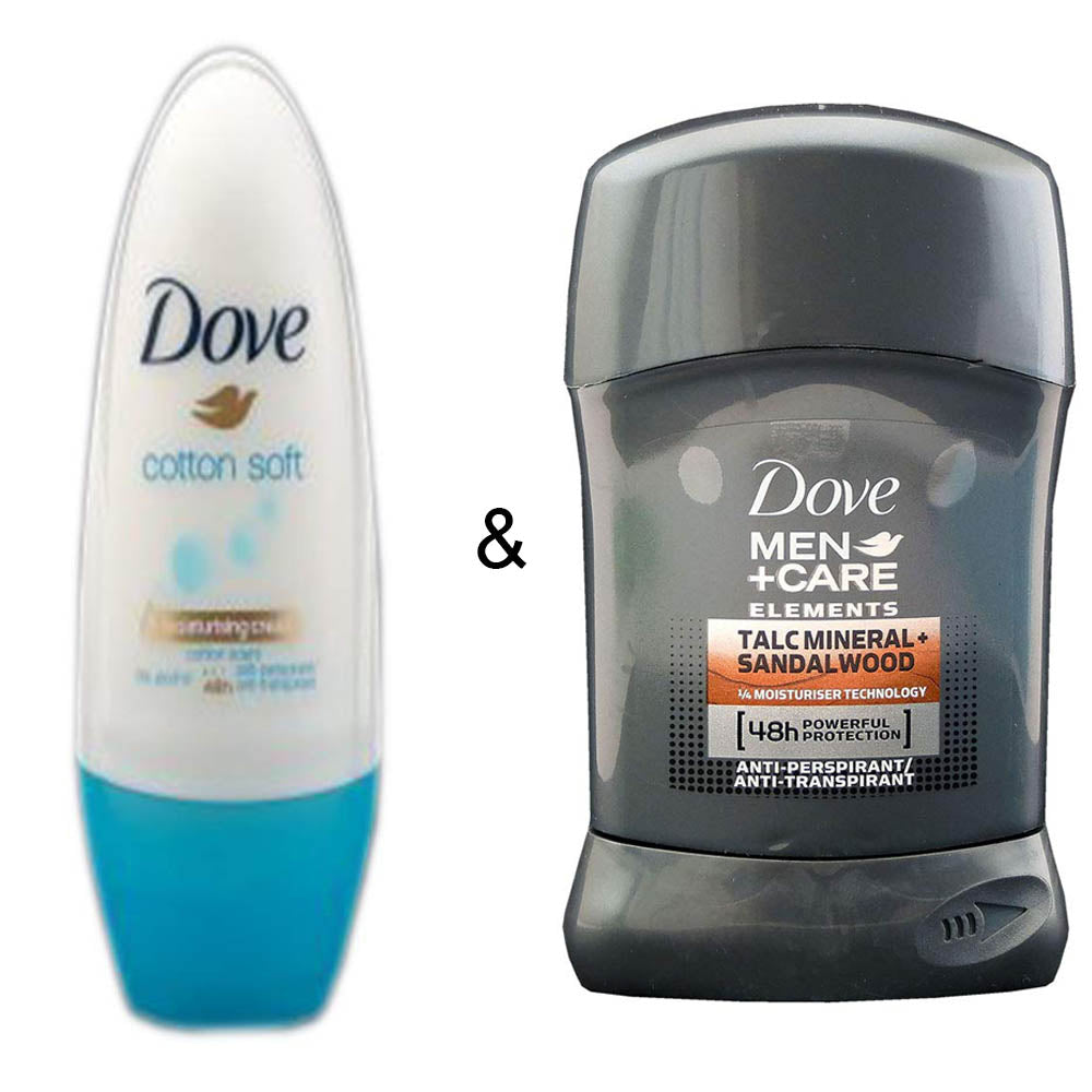 Roll-on Stick Cotton Soft 50ml by Dove and Men Stick Care Elements Talc Mineral and Sandalwood 50ml by Dove Image 1