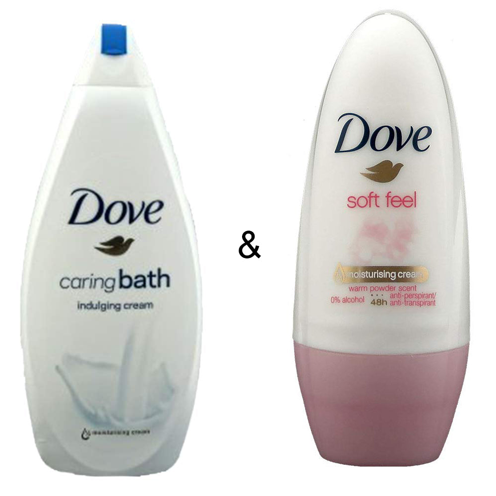 Caring Bath Indulging Cream 750 by Dove and Roll-on Stick Soft Feel 50ml by Dove Image 1