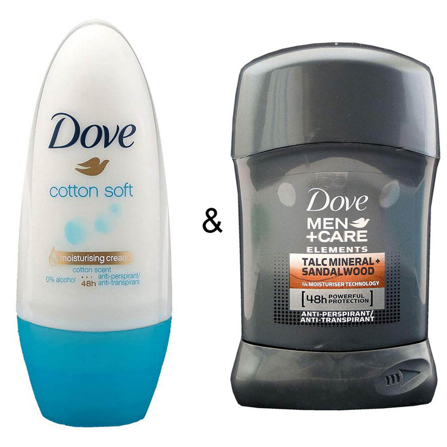 Roll-on Stick Cotton Soft 50 ml by Dove and Men Stick Care Elements Talc Mineral and Sandalwood 50ml by Dove Image 1