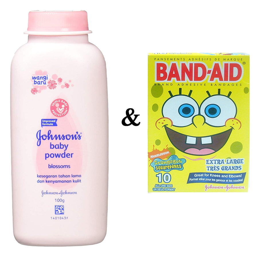 Johnsons Baby Powder Blossoms 3.3 Oz 100G and Johnson and Johnson Band-Aid- Sponge Bob (10 In 1 Pack) Image 1