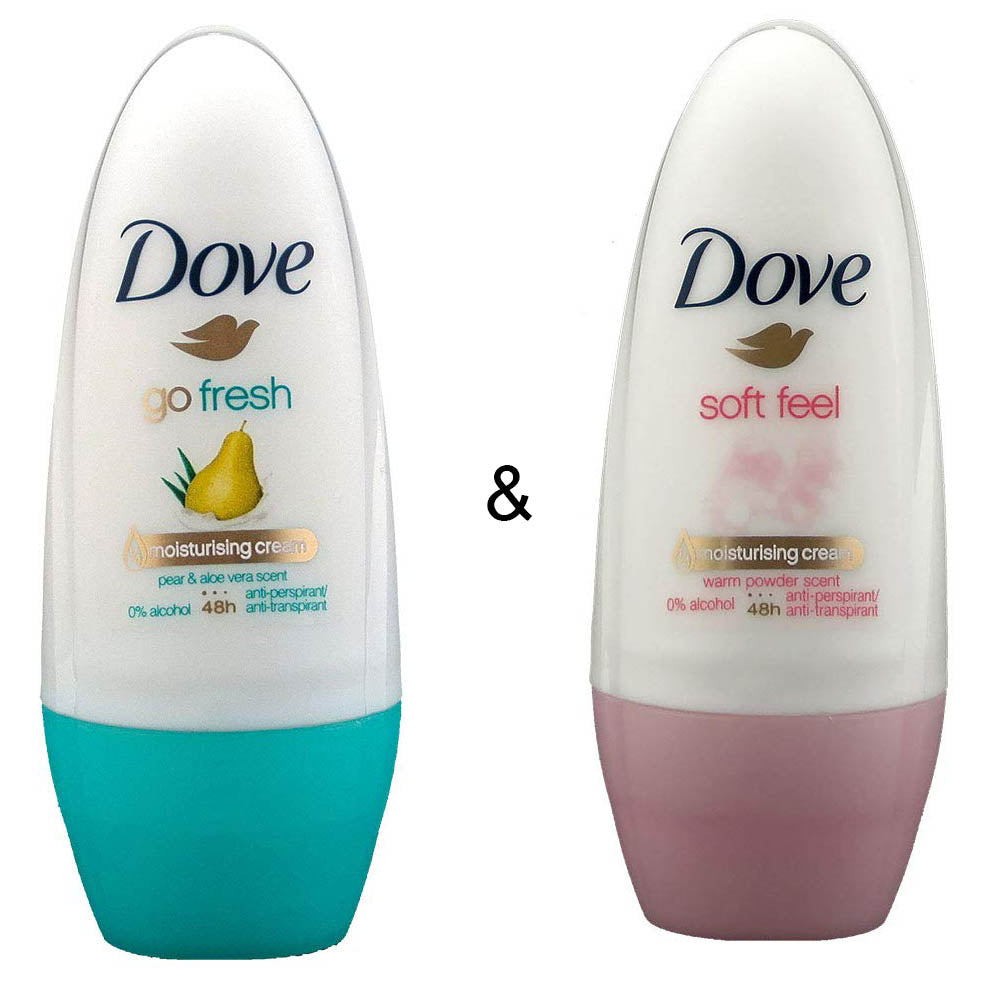 Roll-on Stick Go Fresh Pear and Aloe 50 ml by Dove and Roll-on Stick Soft Feel 50ml by Dove Image 1