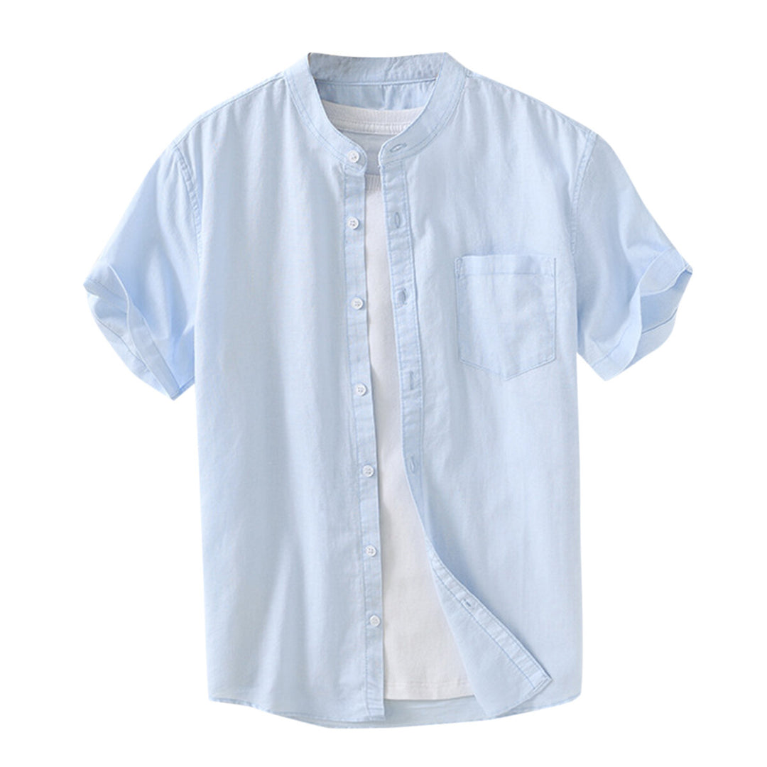 Cloudstyle Men Short Sleeve Button Down Casual Shirts Stand Color Work Cotton Male Shirts Image 3
