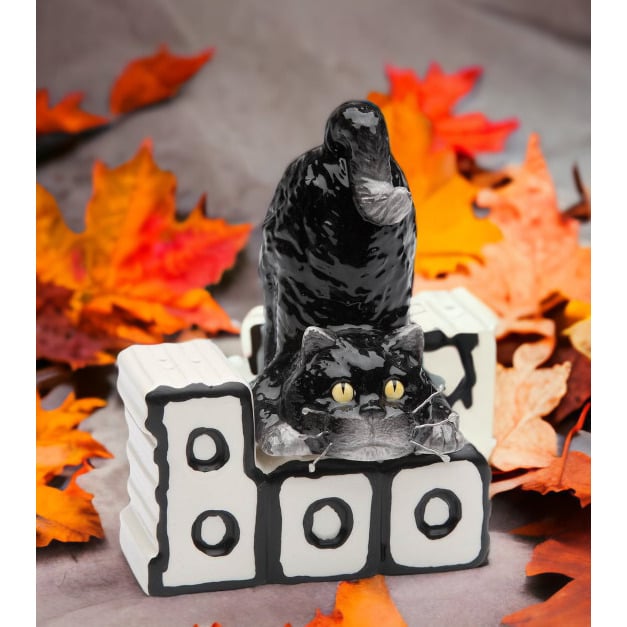 Ceramic Halloween Cat Boo Salt Pepper Set Magnetic Image 1