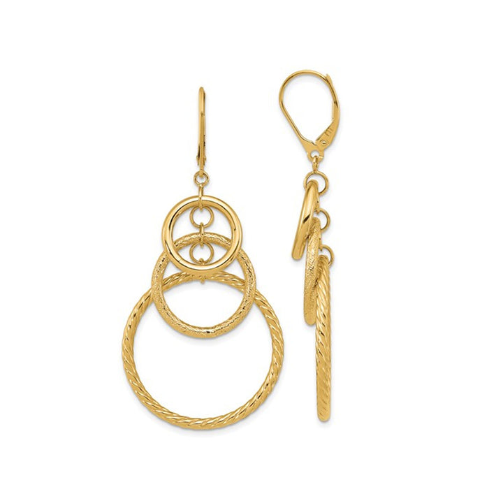 14K Yellow Gold Textured Circle Dangle Leverback Earrings Image 1