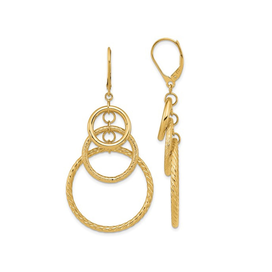 14K Yellow Gold Textured Circle Dangle Leverback Earrings Image 1