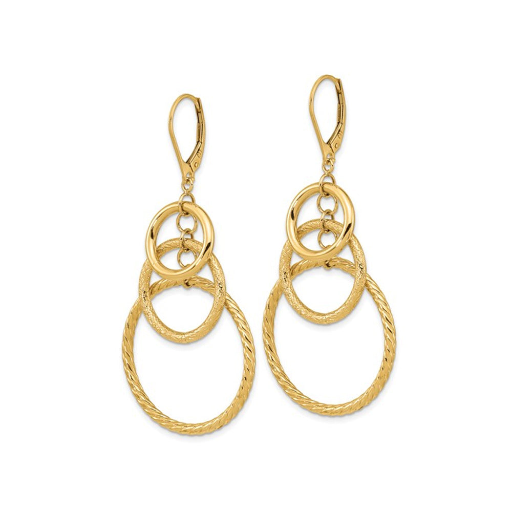 14K Yellow Gold Textured Circle Dangle Leverback Earrings Image 4