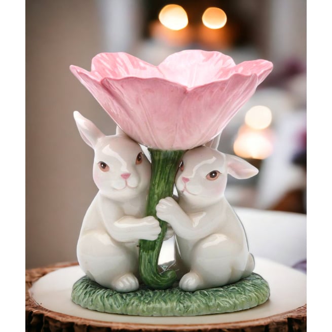 Ceramic Easter Bunny Rabbits Pink Flower Candle Holder 4.5" Image 2