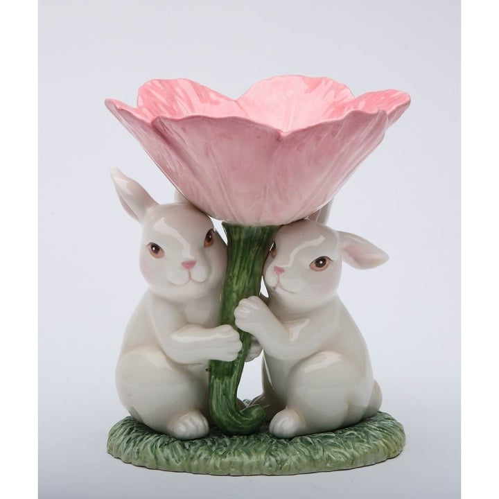 Ceramic Easter Bunny Rabbits Pink Flower Candle Holder 4.5" Image 3