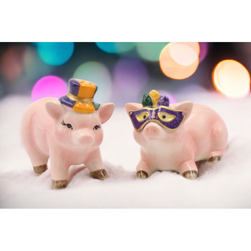 Ceramic Mardi Gras Pigs Salt and Pepper Shakers Gift Image 1