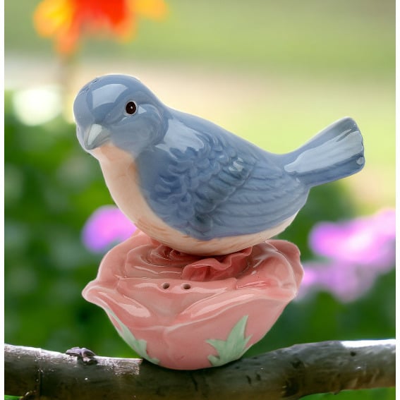 Ceramic Bluebird Rose Magnetic Salt Pepper Shakers 3.5in Gift Image 2