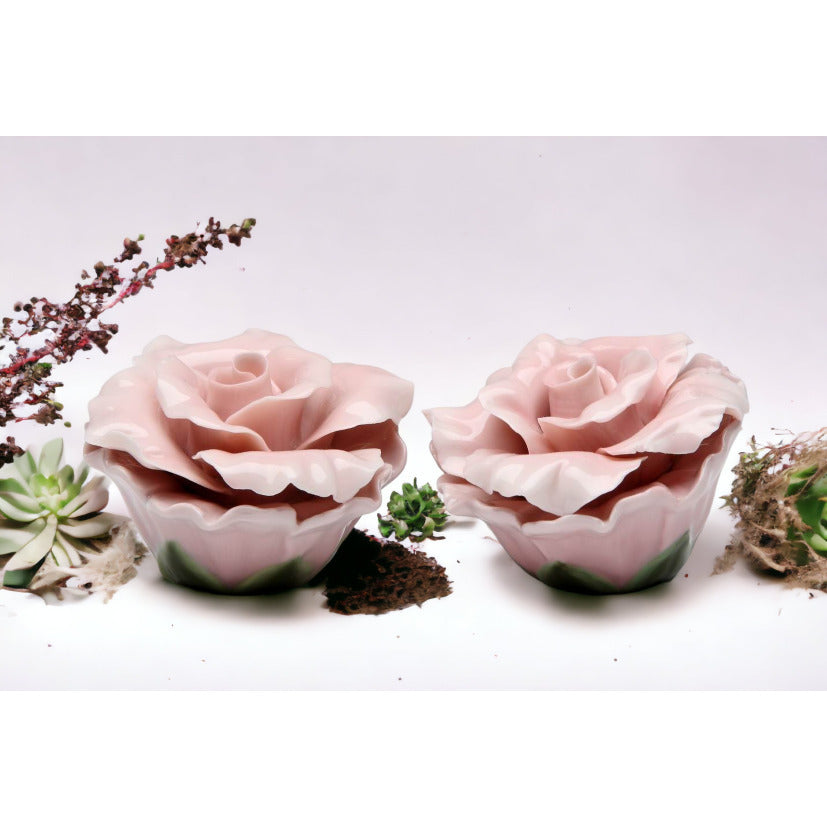 Handcrafted Ceramic Pink Rose Salt and Pepper Shakers 2.5in Elegant Image 2