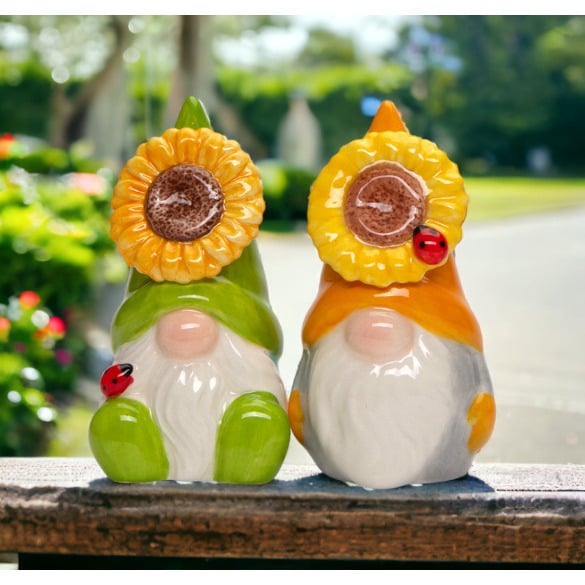 Ceramic Sunflower Gnome Salt and Pepper Shakers Cottagecore Gift 2 Pack Image 1