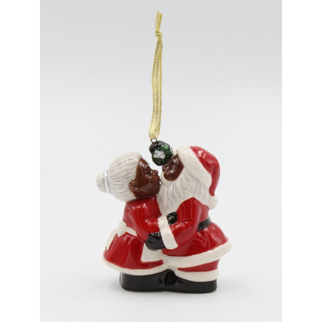 African American Kissing Santa Couple Ceramic Ornament 3in Gift Image 3