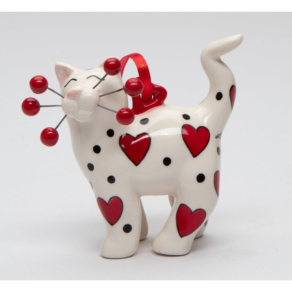 Ceramic White Cat Ornament with Red Hearts 3 Inch Gift for Cat Image 2