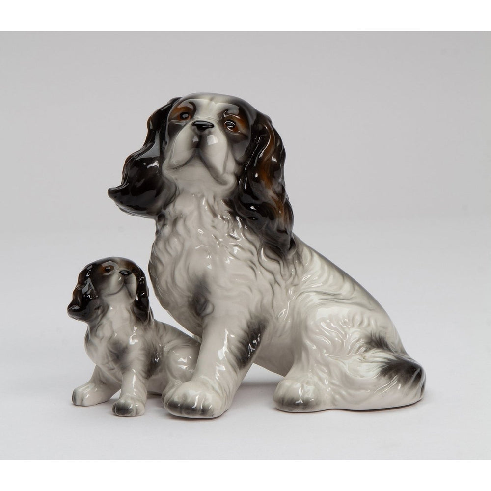 Ceramic Cocker Spaniel Dog and Puppy Figurine Black and White 5.75 Inch Decor Image 2