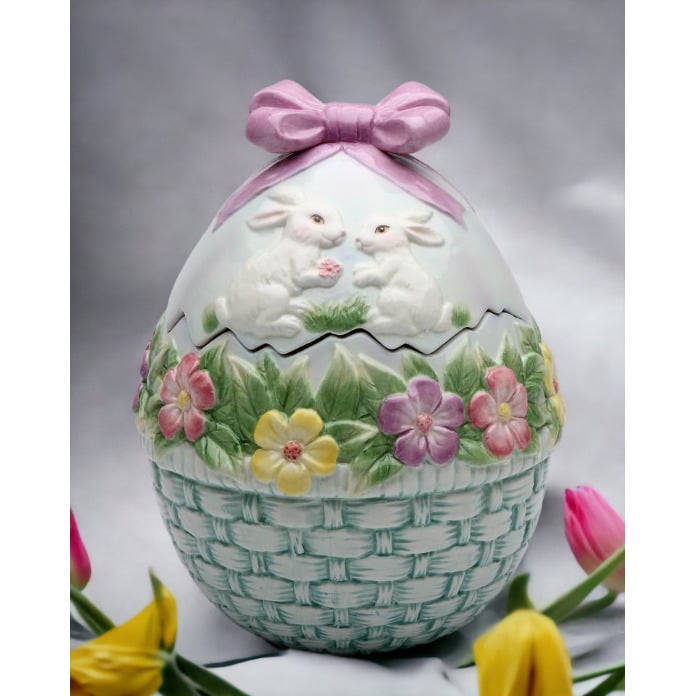 Ceramic Egg Shaped Cookie Jar with Bunnies and Flowers 5.5 x 7.3 Inch Image 1