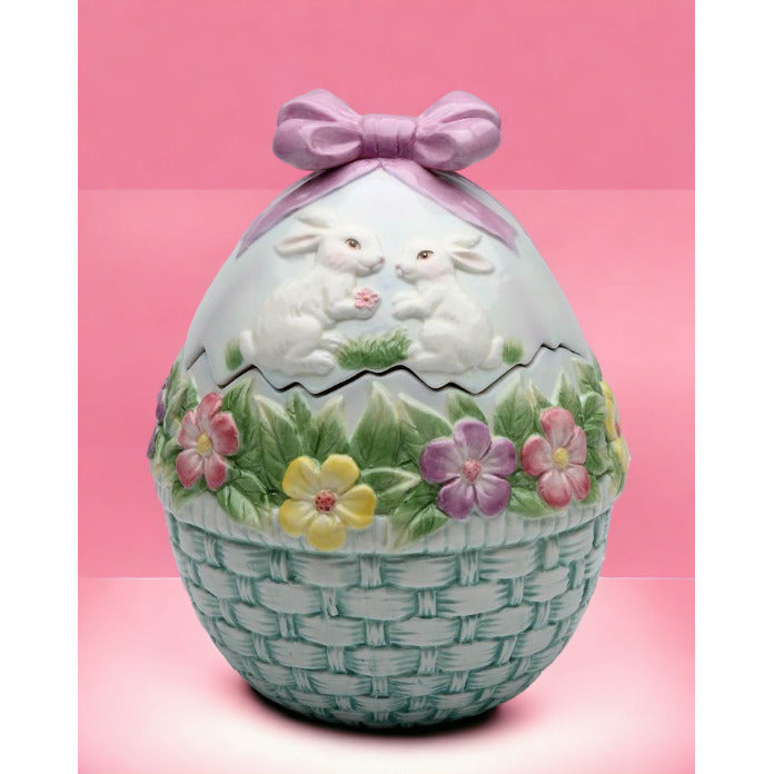 Ceramic Egg Shaped Cookie Jar with Bunnies and Flowers 5.5 x 7.3 Inch Image 2