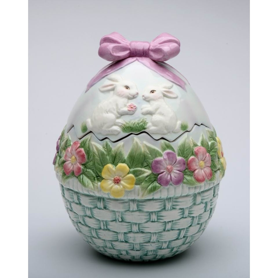 Ceramic Egg Shaped Cookie Jar with Bunnies and Flowers 5.5 x 7.3 Inch Image 3