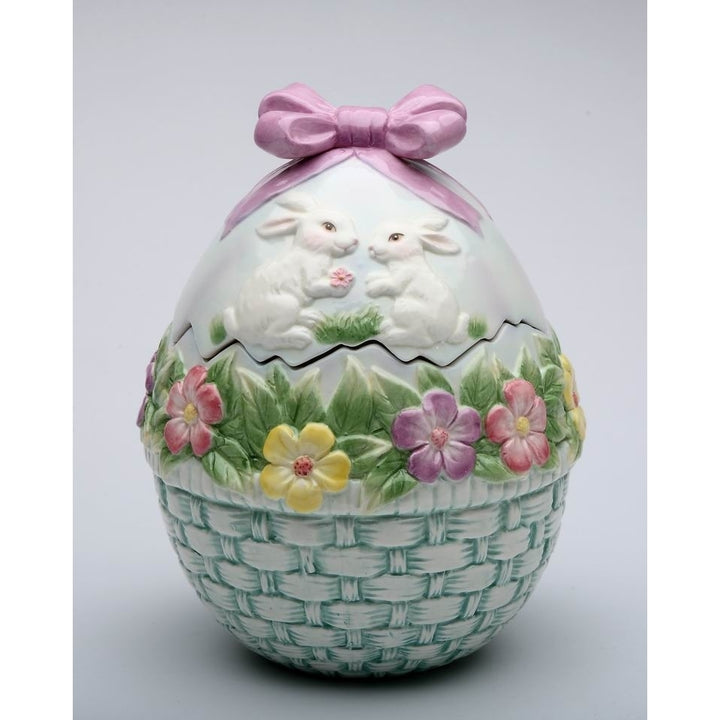 Ceramic Egg Shaped Cookie Jar with Bunnies and Flowers 5.5 x 7.3 Inch Image 3