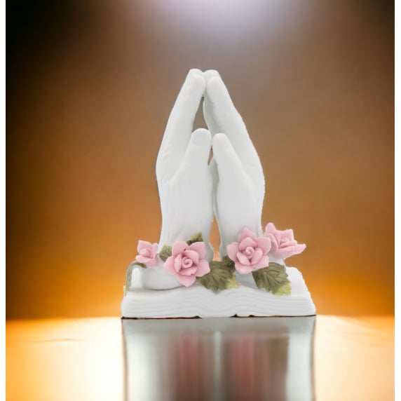 Ceramic Praying Hands Figurine with Roses 2.75x1.75x3.5 Inches Image 1