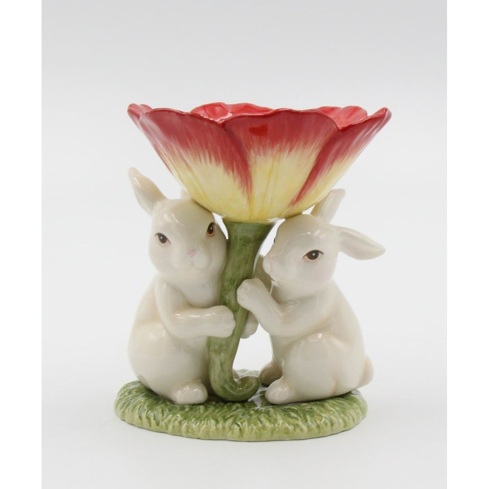 Ceramic Easter Bunny T-Light Candle Holder Red Flower 4.375x5 Inch Image 2