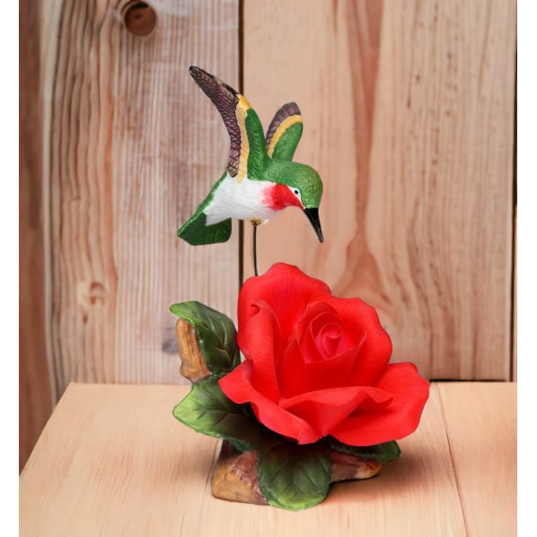 Ceramic Hummingbird Figurine 6.25 inch Red Rose  Birdwatcher Image 2