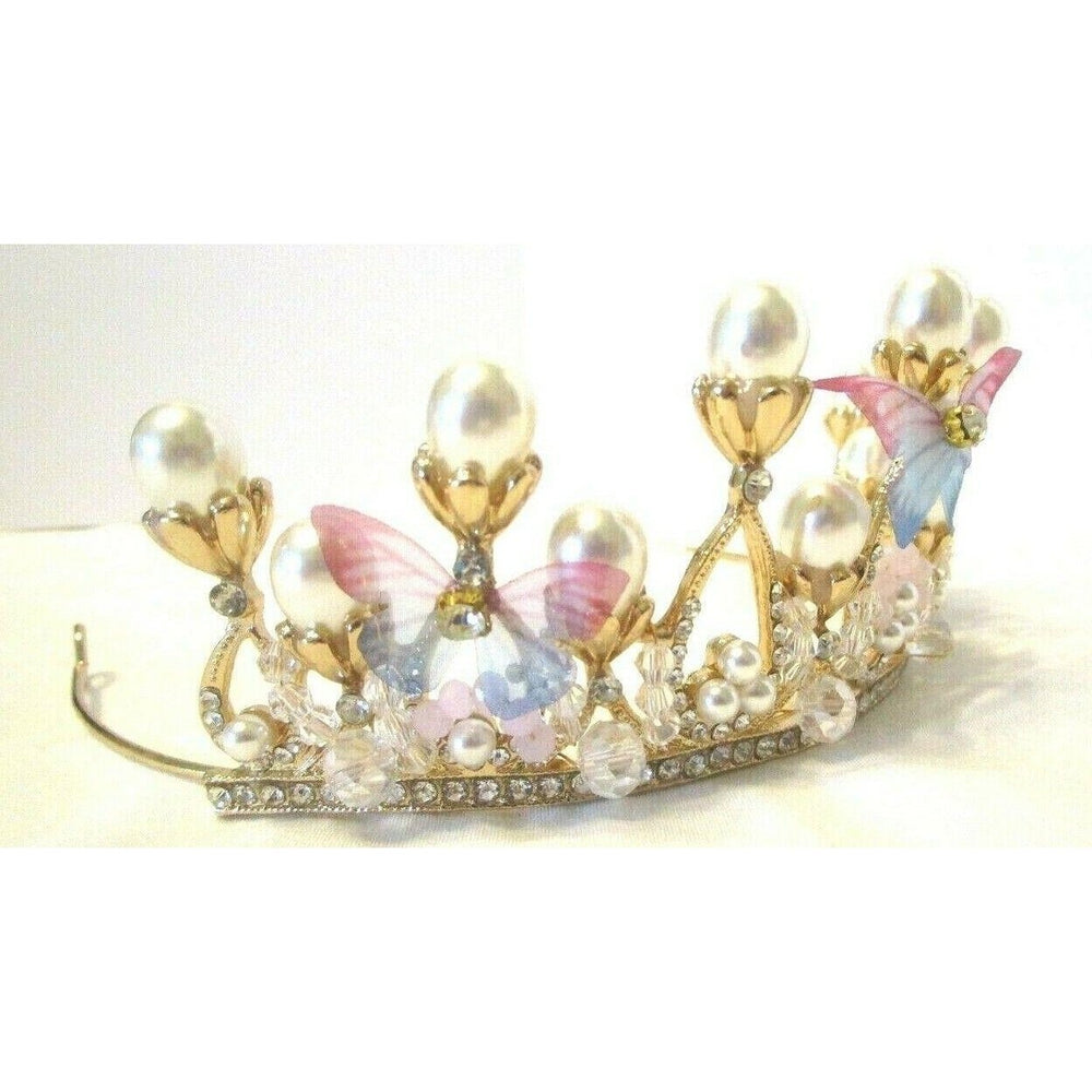Lurrose Princess Crown Wedding Headpieces Pearl Butterfly Princess Tiara Girls Image 2
