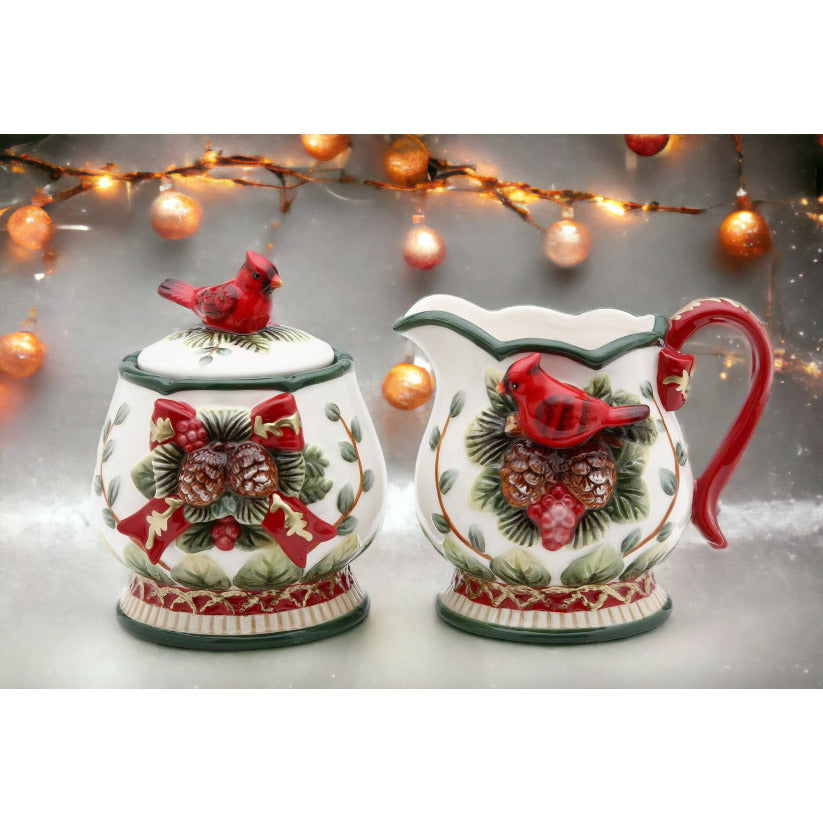 Ceramic Sugar Bowl Creamer Set Cardinals Pine Cones 3 3/8" Gift Image 1