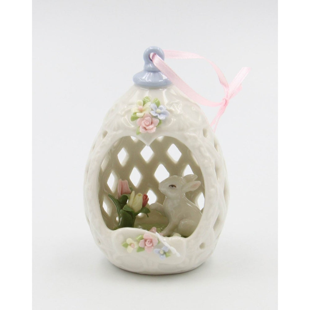 Ceramic Easter Bunny Rabbit Tulip Flowers Carved Egg Ornament 4.25" Image 2