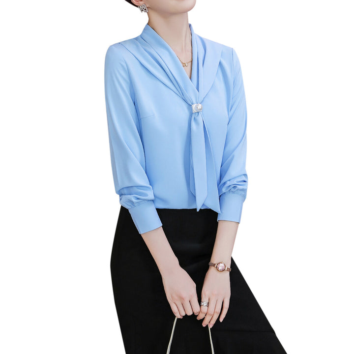 Women Pure Color V-neck Long Sleeve Shawl Pearl Decoration Lady Casual Daily Image 4